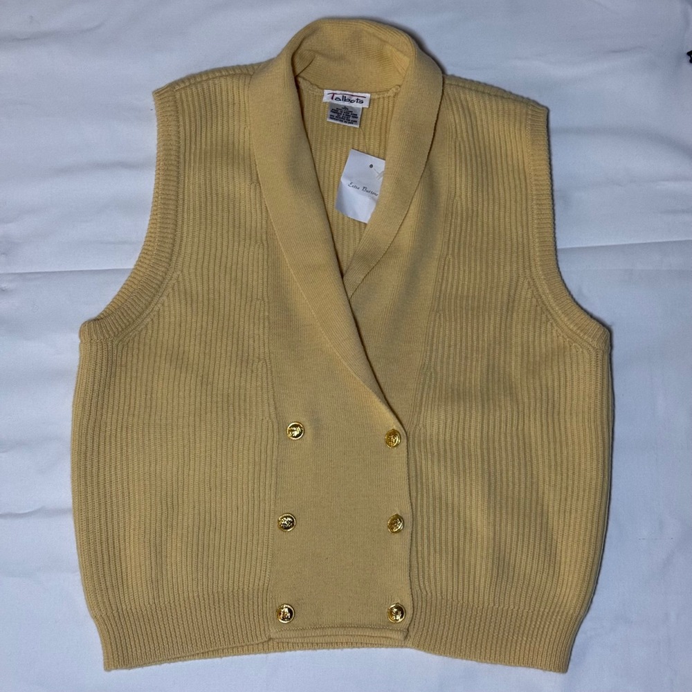 Talbots 100% Wool Sweater Vest L Yellow Shawl Collar Gold Button Double Breasted